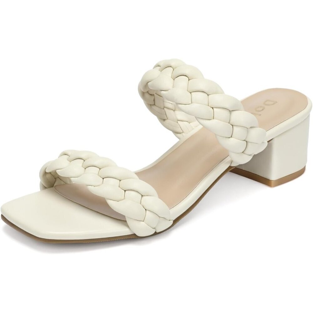 Women's White Wide Width Chunky Vintage Square Open Toe Heels Sandals Shoes
